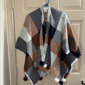 Plaid Poncho with Pom Poms
